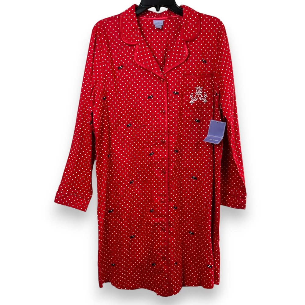 NWT Scottie Dog Nightgown Women L Red Polka Dot Flannel Sleep Shirt Laura Scott